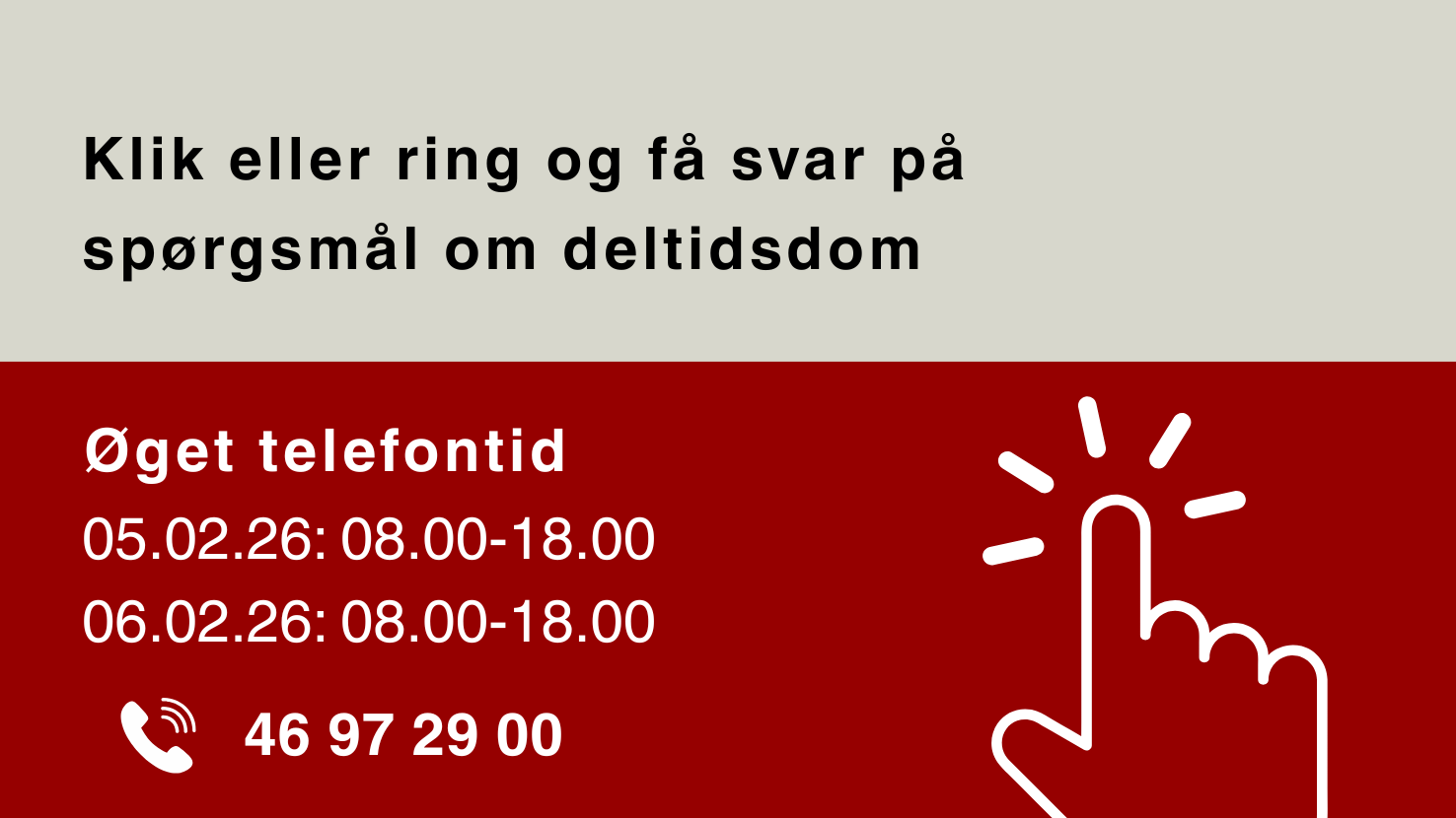 FOA har fået medhold i sagen om deltidsansættelse. Vi er nu i gang med at nærlæse dommen og vurdere de næste skridt. Har du spørgsmål til deltidsdom, så klik på grafikken og læs de oftest stillede spørgsmål. Du kan også ringe på 46972900! Der er udvidet åbningstid 5.–6. februar 2026 kl. 8–18. 